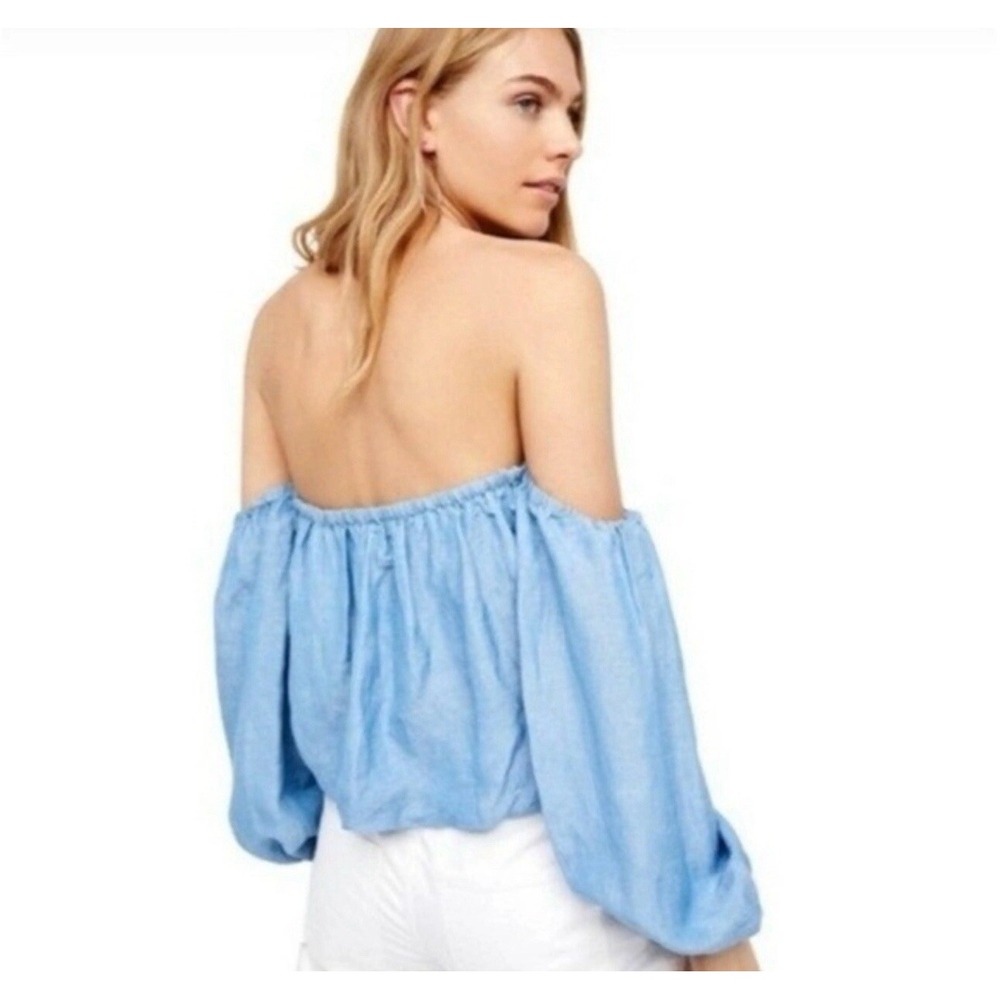 Free Peopleβ Women's Blue Off Shoulder Top Ballon Sleeve M Boho Linen Festival